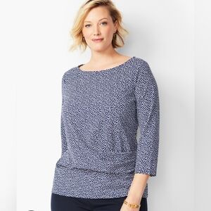 Talbots Side Ruched Shirt Size Large Top Navy White Polka Dots Bateau Neckline